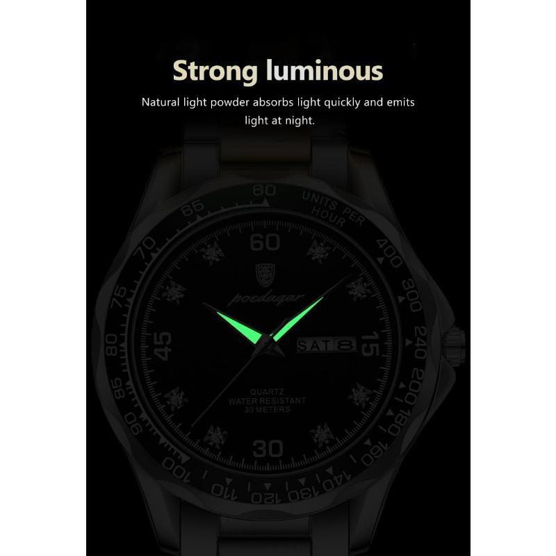 POEDAGAR Fashion Luxury Man Clock Waterproof Luminous Date Week Wristwatch Stainless Steel Quartz Business Watches for Men