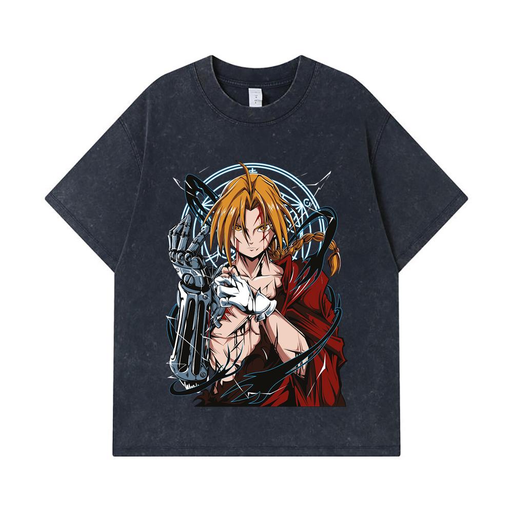 275 GSM Washed T-shirts 100% Cotton Fullmetal Alchemist V6 Edward Print Unisex Heavy Cotton T Shirt