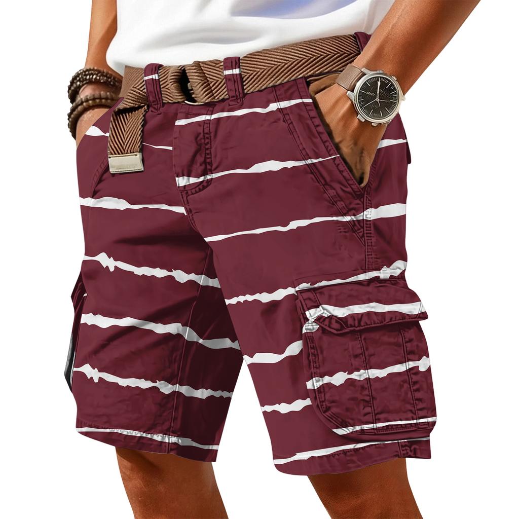 Men's casual trend striped printed short pants - Men's multi-pocket work- athletic shorts (without waistband)
