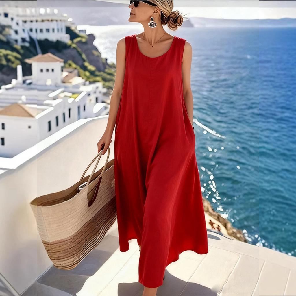 Women Summer Sleeveless Loose Fit Cotton Linen Midi Dress with Crew Neck and Practical Pockets for Casual Daily Wear