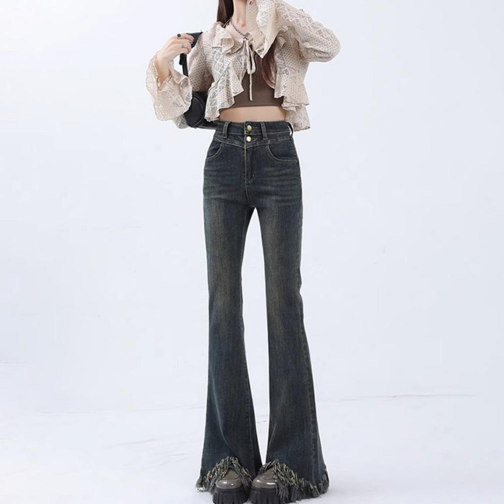 

Персонализированные джинсы микро-клеш с необработанным краем, женские джинсы с высокой посадкой, весенне-осенний новый дизайн XL