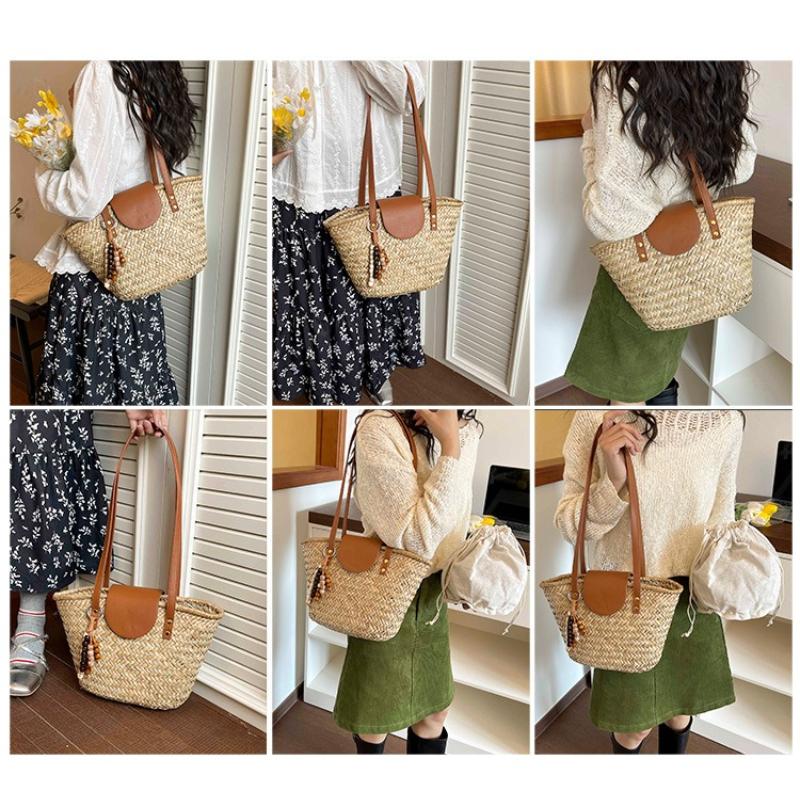 Minimally Designed One Shoulder Woven Bag with A New Cover Made of Natural Grass Vine Woven Bag for Vacation Beach, Versatile Woven Bag for Women