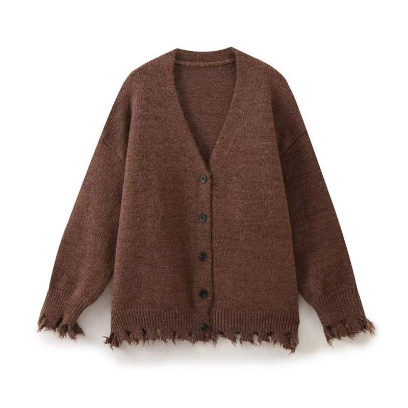 

Осенний Ретро Женский Уличный Стиль Кардиган Свитер с V-образным вырезом и кисточками Small кофейный