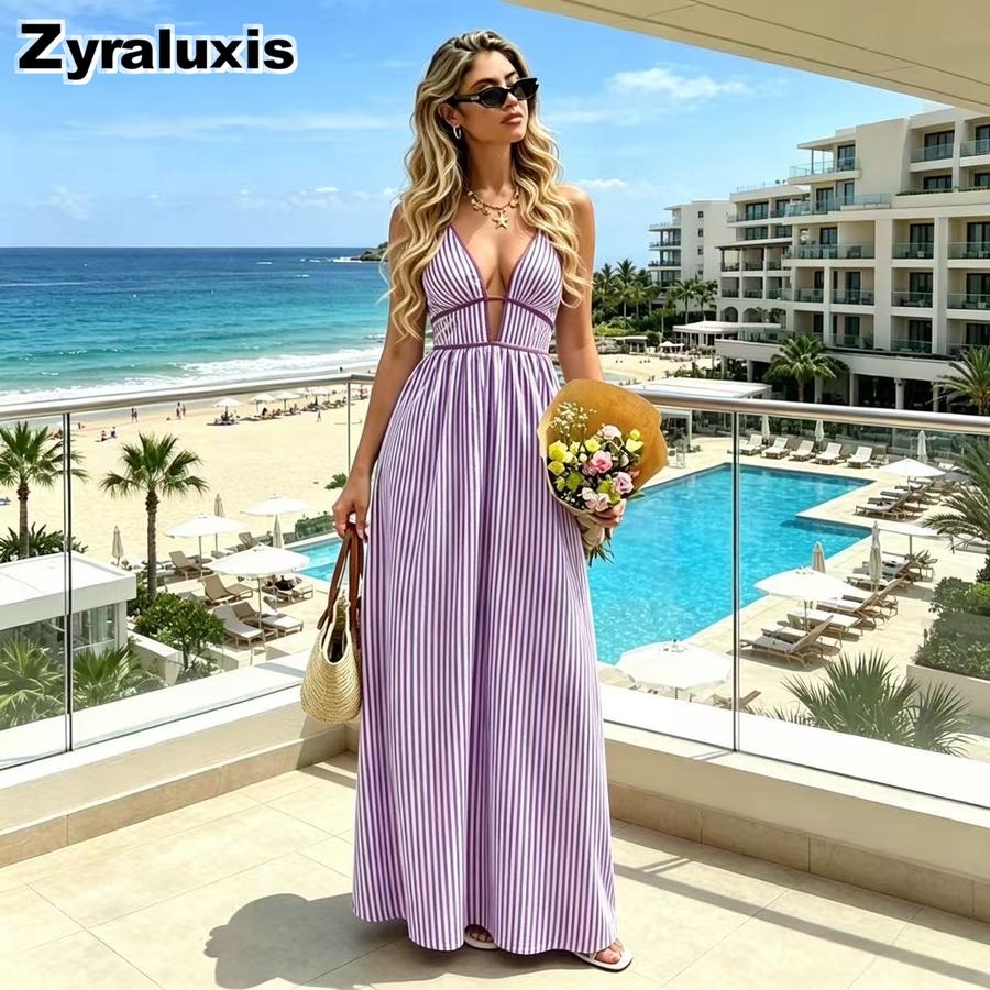 Novedades Vestido de Rayas con Cuello en V para Mujer - Rebajas Vestido Maxi sin Mangas