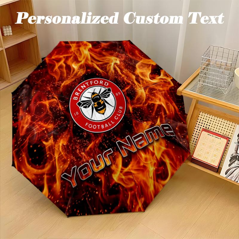 8 Rib Auto Folding Umbrella Brentford Football Print Custom Name Text Portable Rain Gear