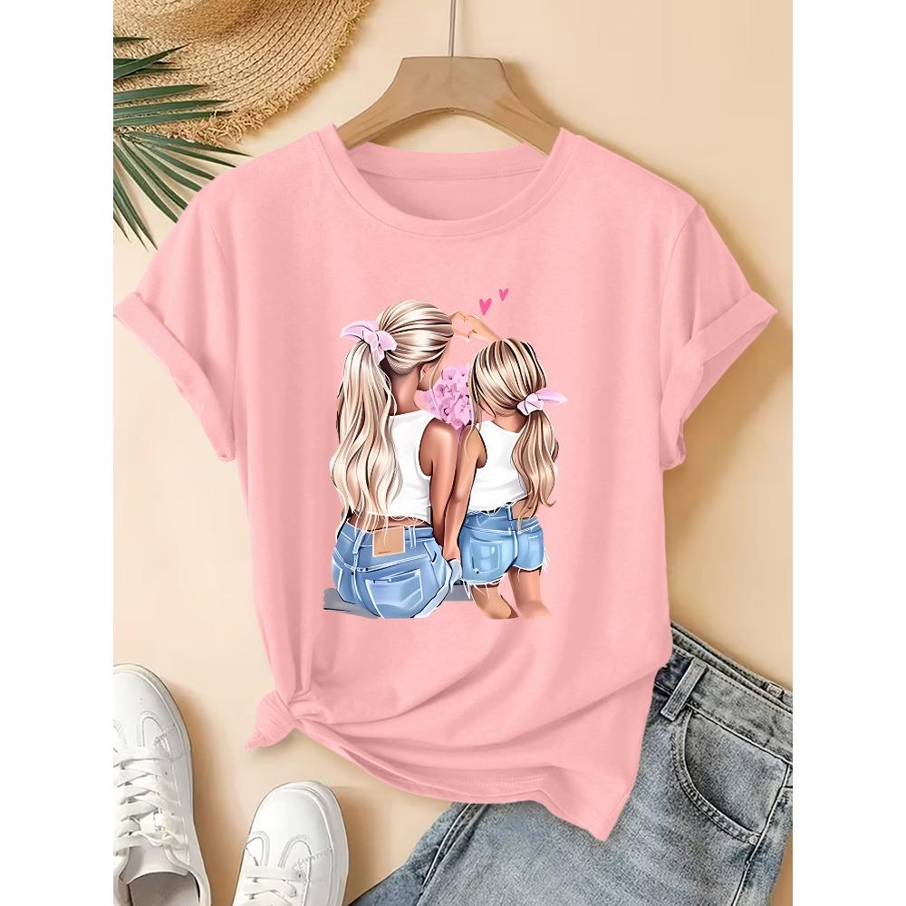 Women's Vintage Mother Daughter Heart Silhouette Round Neck Short Bouse-Compatible Suitable Gym