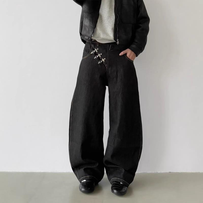 Herren Relaxed Fit Gerade Bein Jeans mit schrägem Knopfverschluss Streetwear