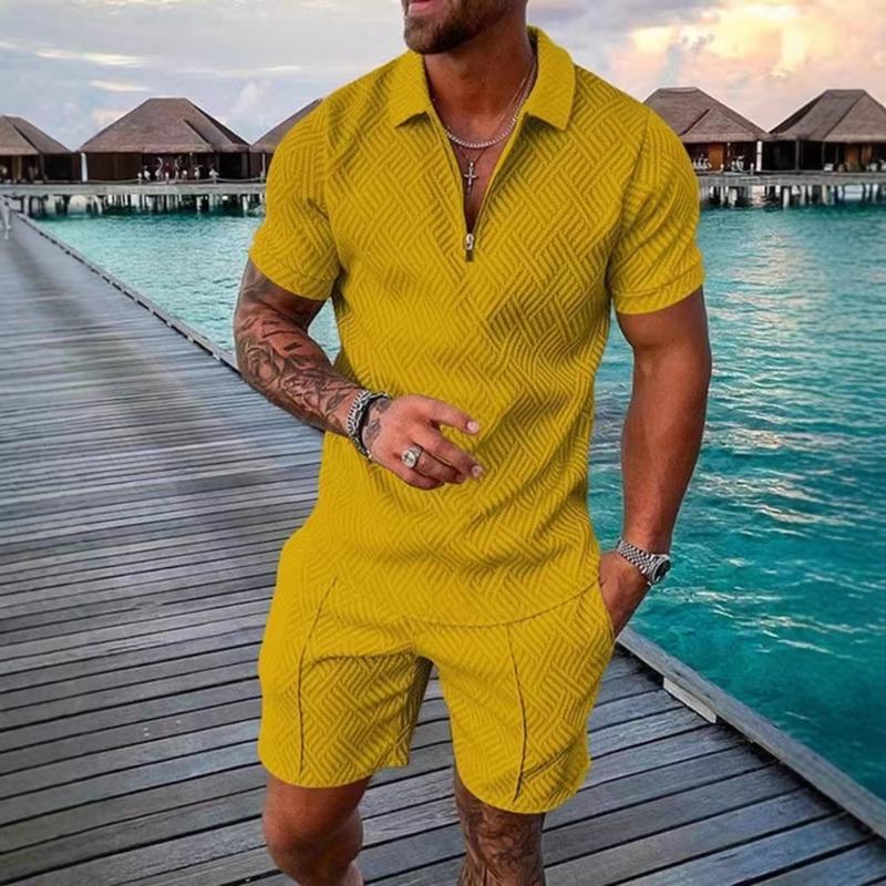 Men Casual Printed Turn Down Collar Short Sleeve Polo Shirt And Shorts Set