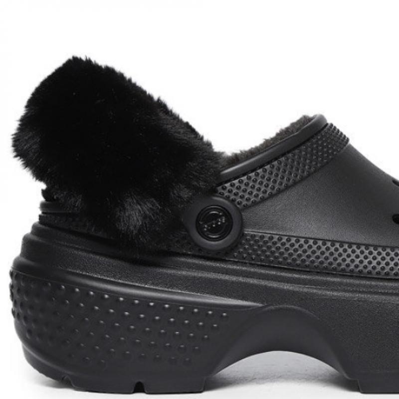 Crocs Stomp Line Clogs Fur Indoor Shoes Black 208546 001