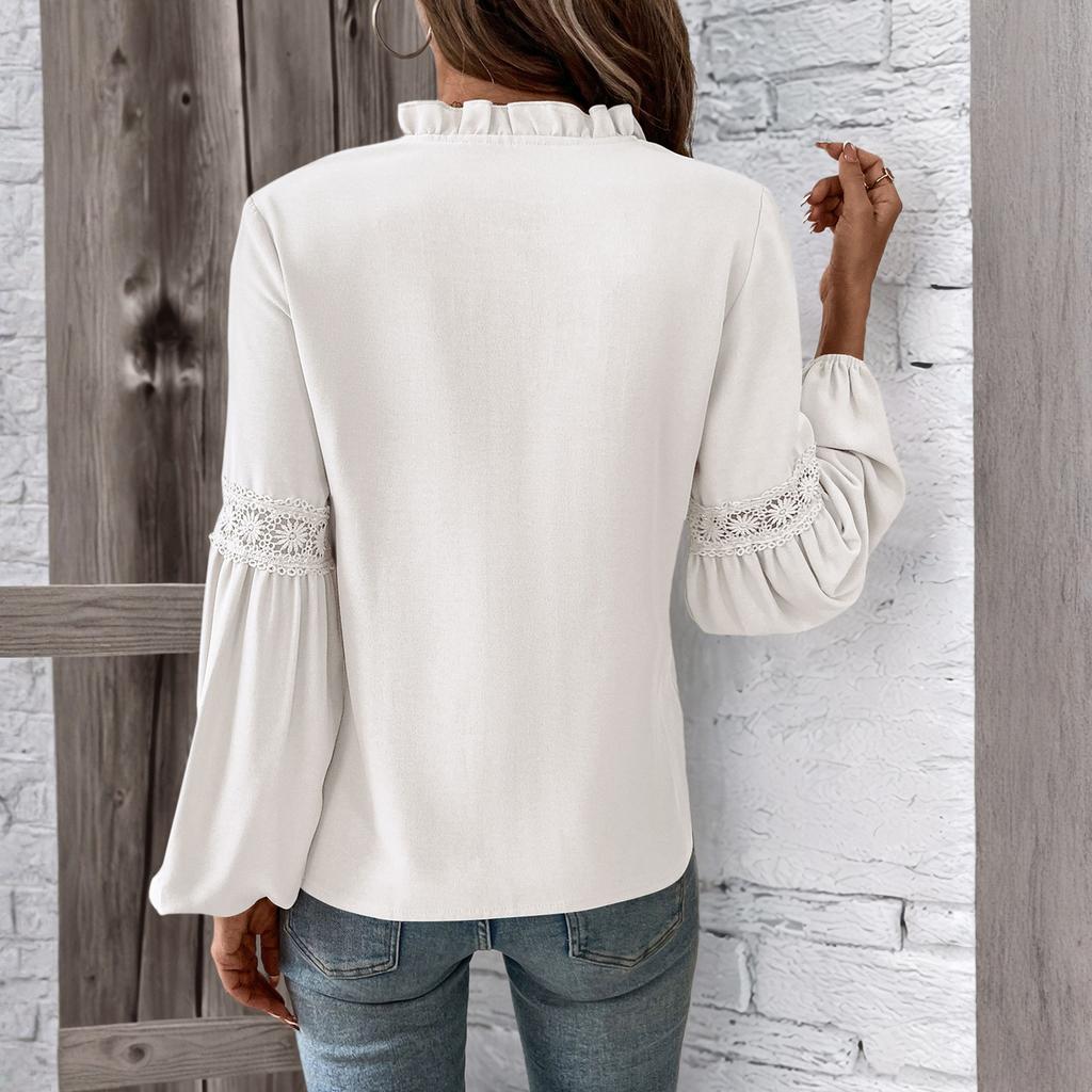 Women's Fashion Casual Lace V-Neck Solid Color Long Sleeve Pleated Shirt Women's T-Shirt Top