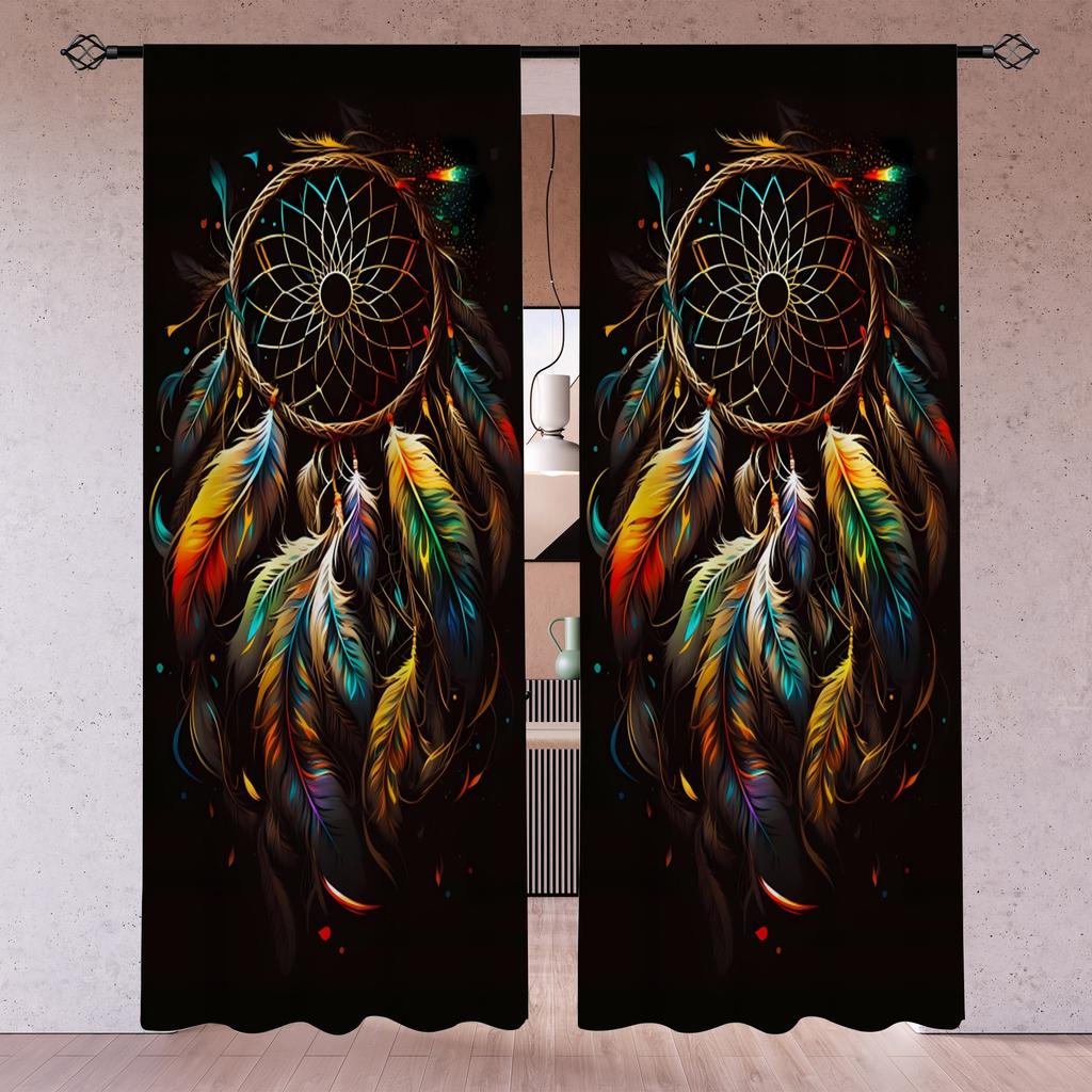 2 Panels Boho Dreamcatcher Semi Blackout Window Curtains For Study Bedroom Kitchen Living Room Playroom Office Home Decoration