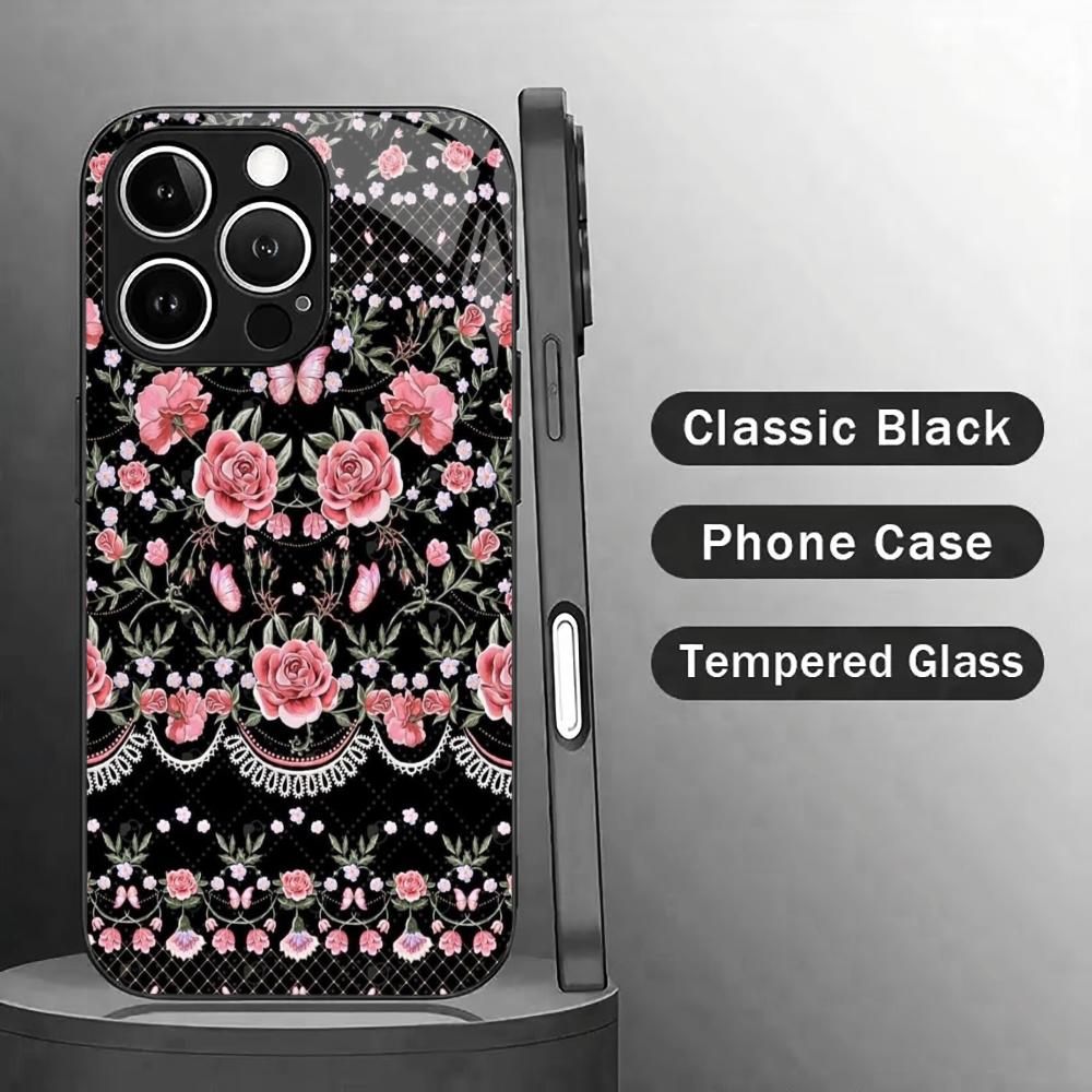 Elegant Black with Pink Roses Glass phone case mobile phones for iphone 17 pro max cover for iPhone 17 16 15 14 13 12pm Pro Plus