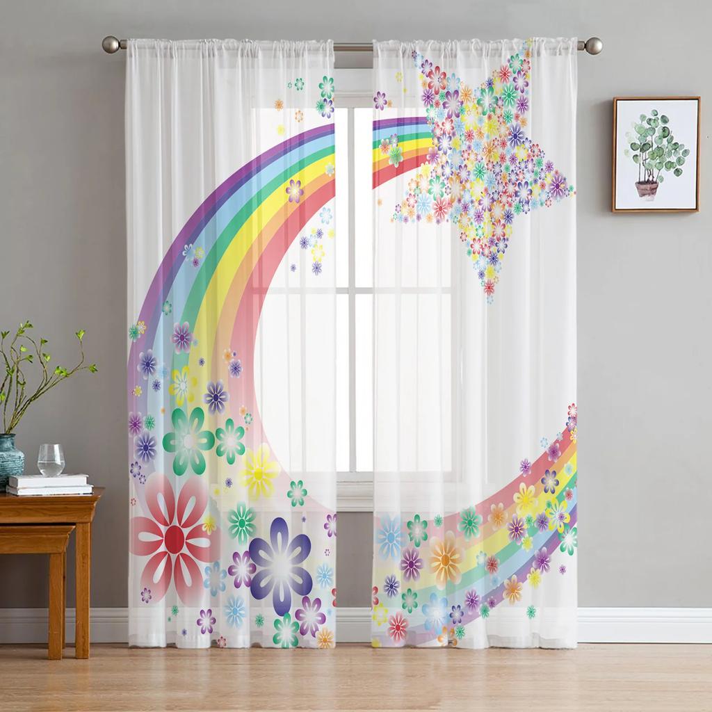 Cartoon Rainbow Star Flower Tulle Sheer Curtains for Living Room Decoration Window Curtain for Bedroom Voile Organza Drapes