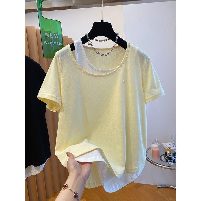 

Fat Girl Extra Large Size 150.00kg Fake Two Pieces Short Sleeve T-shirt Women s Top Summer Snowflake Cotton Slimming Slim Fit Top Shirt Yellow 2XL (Recommended 80kg-95kg)