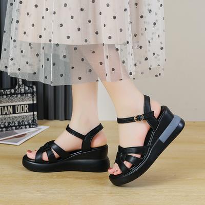 Genuine PU Leather Sandals Women Summer Brand Shoes Retro Hollow Out 7CM High Heels Wedge Set Foot Women Leather Sandals