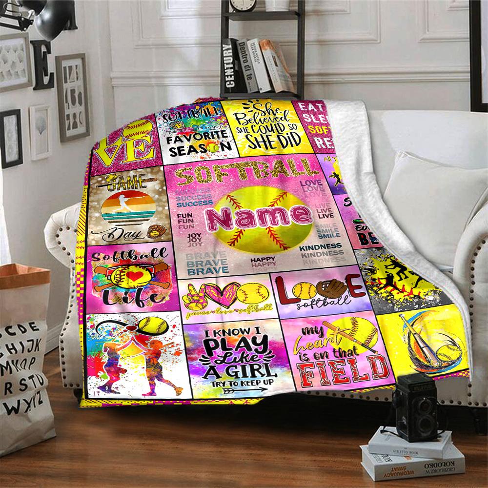 Softball Theme Home Customize Your Name Blanket Comfortable Soft Lightweight Allseason Multipurpose Blanket For Picnics Couches Offices Beds Living