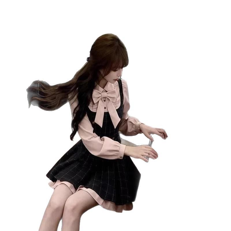 Academy Style Plaid Two-Piece Dress - Petite, Waist-Cinched, Slimming, Short Skirt for Women (Spring/Autumn)