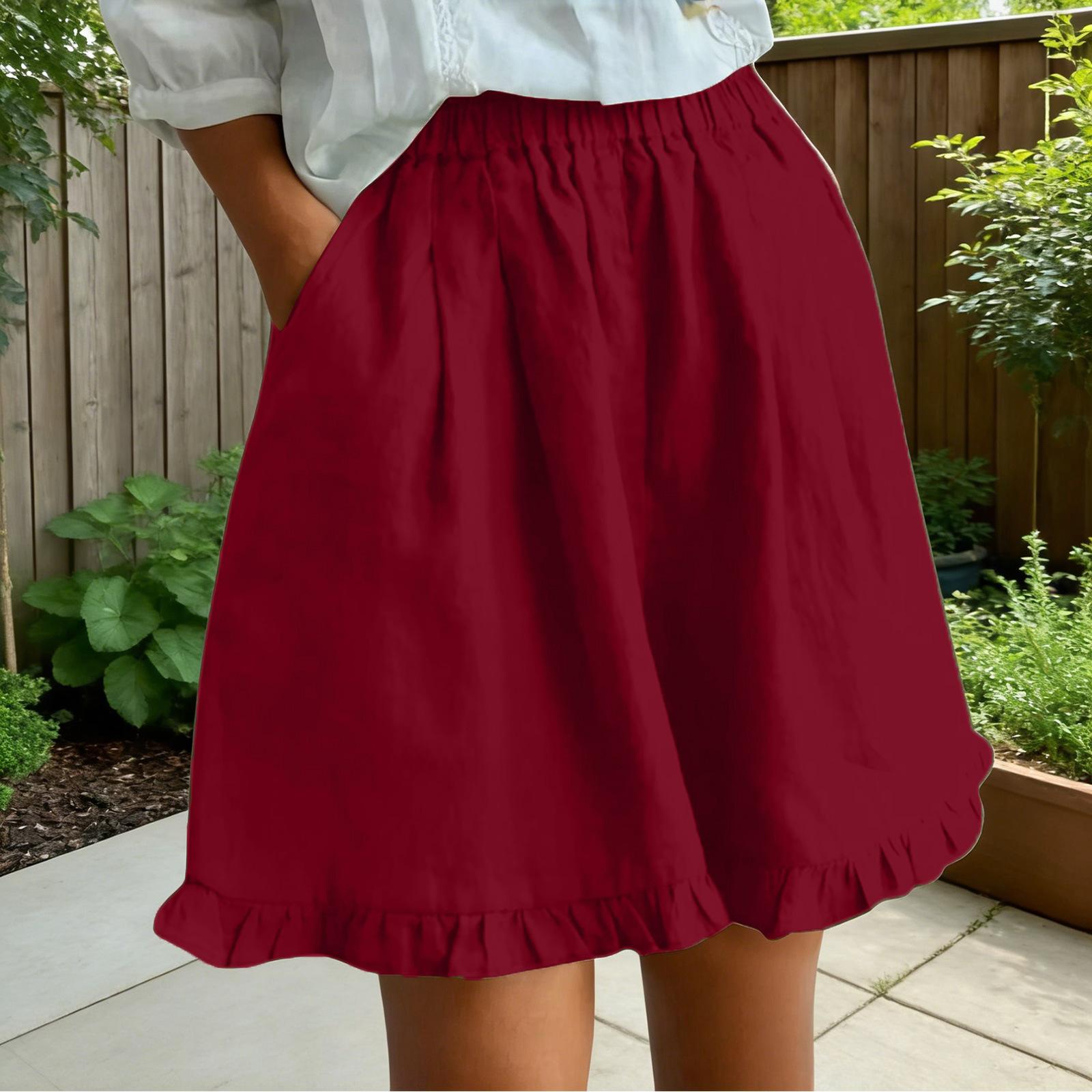 

Women s Fashionable Ruffle-Trimmed Drawstring Elastic-Waist Wide-Leg Casual Shorts XL красный