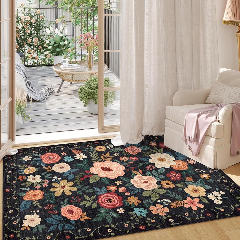 Floral Indoor Washable Door Mat, Non Slip Boho Small Rug for Kitchen, Soft Low Pile, Front Door Throw Rug for Entrance, Bedroom,