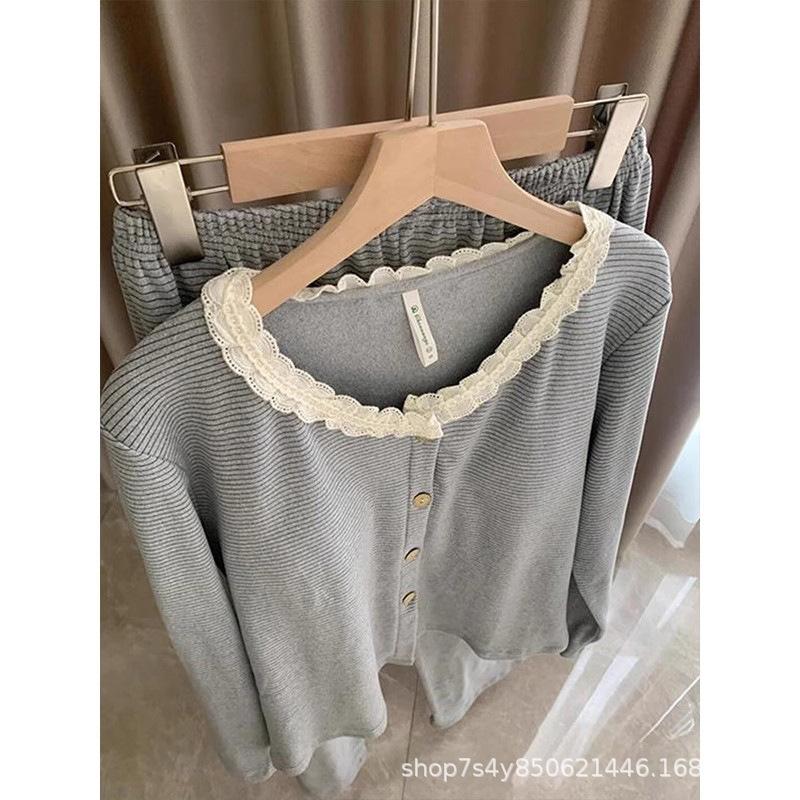 

Striped German velvet pajamas women s autumn and winter long-sleeved thermal suit, high-end Internet celebrity style loungewear thickened spot M