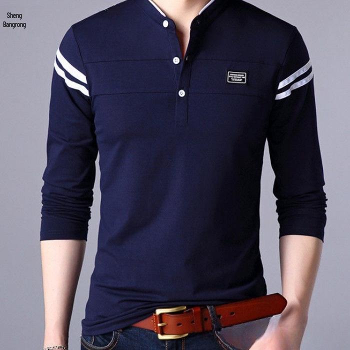 Men's Spring & Autumn Slim-Fit Long-Sleeve Stand Collar T-Shirt - Korean Style
