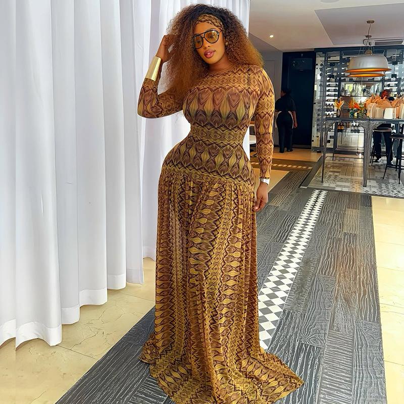 WX011428WMC Vintage Elegant Printed Maxi Dress Round Neck Long Sleeve Slim Waist Sheer A Line Dress African Evening Dress Wholesale Factory