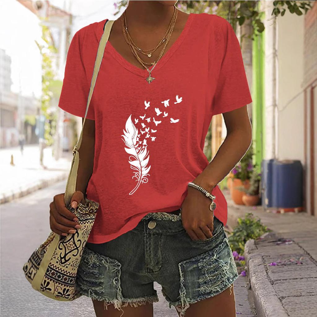 V-neck Feather Print Top Fashion Print Short Sleeve Casual T-Shirts Women’s