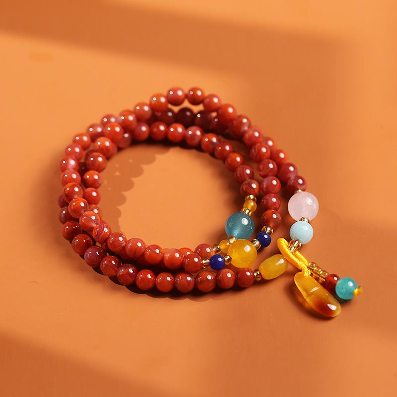 Natural Three-ring Full-bead Southern Red Agate Bracelet with a Natural-shaped Beeswax Pendant, Multi-ring Bracelet, Jewelry