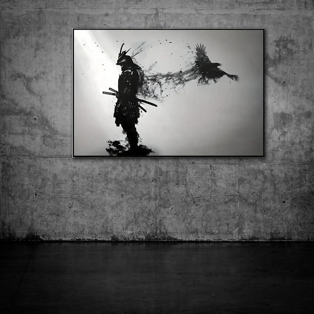 Black and White Japanese Black Samurai Man with Crow Posters and Print Wall Art Canvas Painting for Living Room Cuadros Decor 60 X 40 Cm