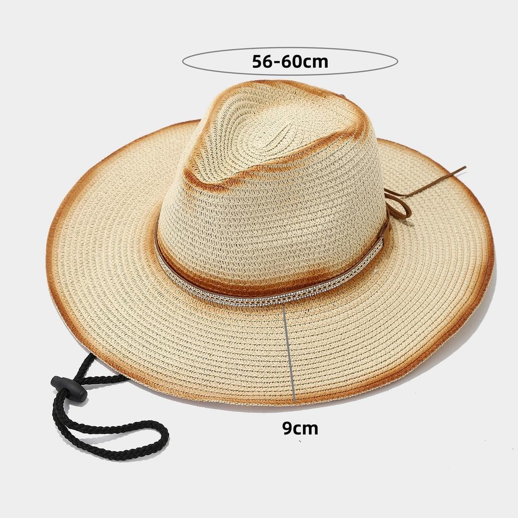Retro Western Cowboy Farbverlauf Strohhut mit winddichtem Band, Unisex Großer Rand Sonnenhut für Strandurlaub Täglichen Schutz