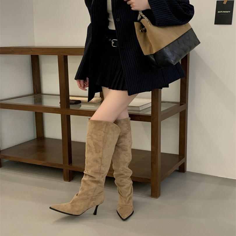 High-heeled French pointed but knee boots women's boots autumn and winter 2025 new suede sleeve pleated pile boots