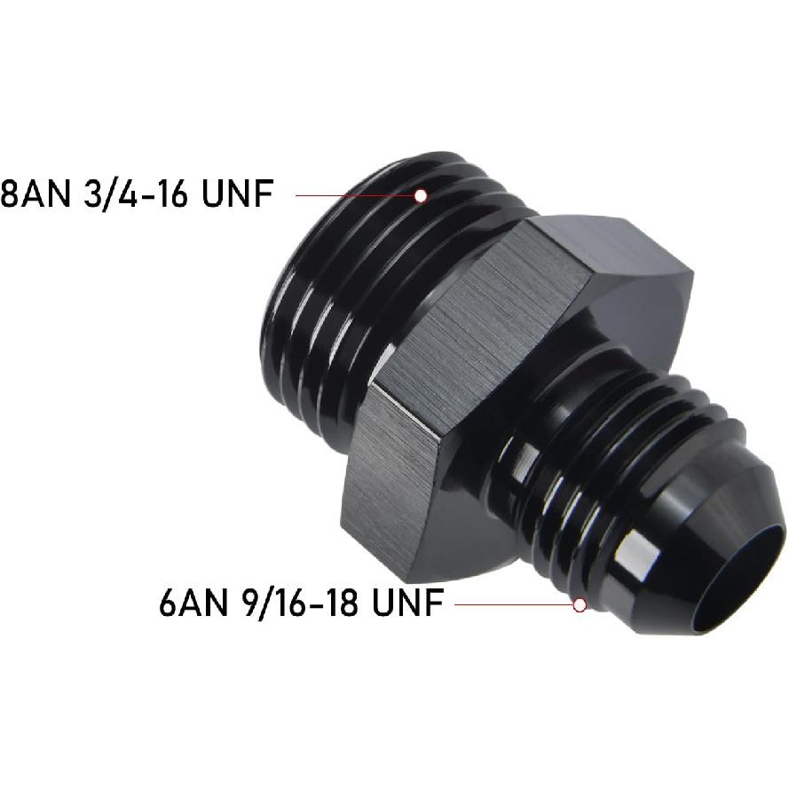 6AN Male Flare to 8AN ORB O-ring Boss Fuel Pump Rail Adapter Fitting Aluminum Black, Pack of 2