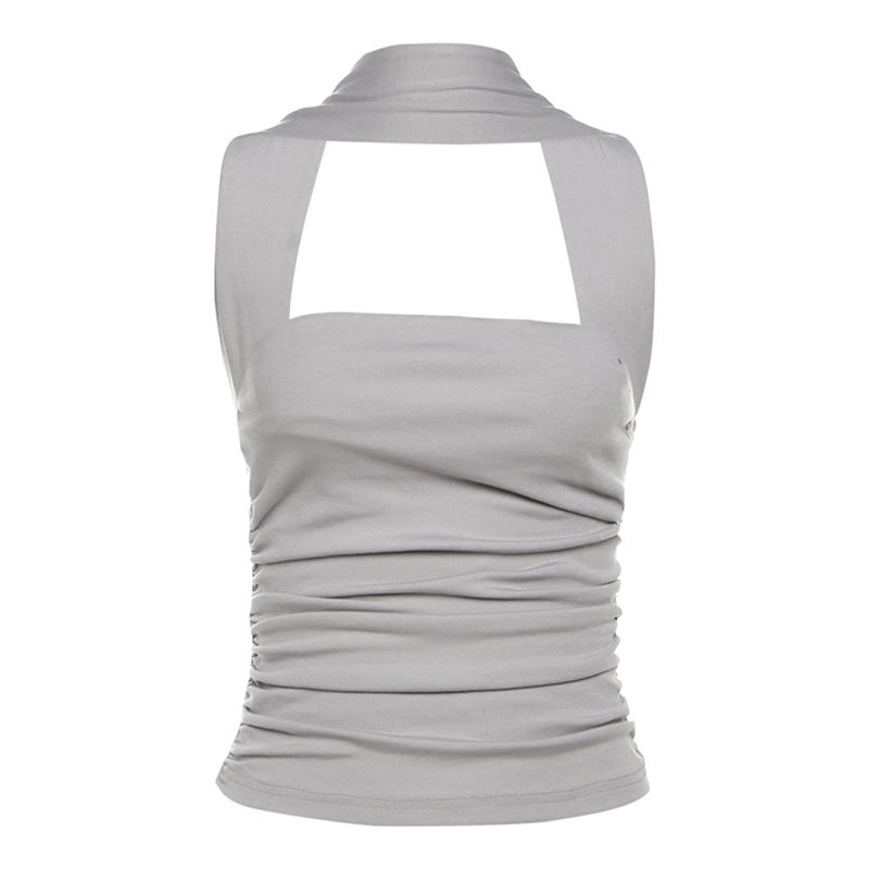 

# Sisjuly# Ins Street Shot Sexy Gray Series Ruched Silm Sexy Halter Spaghetti Straps Women s Easiest for Match Short Top Grey S