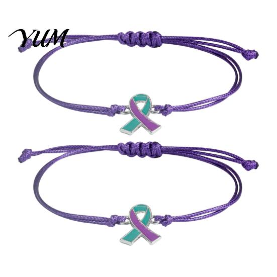Breast Cancer Awareness Jewelry 2 Pcs Bracelets, Adjustable Braided String Unisex Cord Bracelet Bracelets with Ribbon Charm, Inspirational Gifts