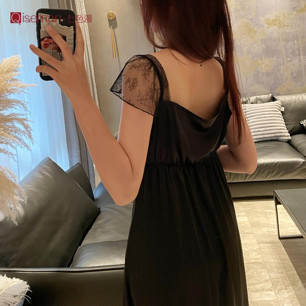 [Carefully Selected] French lace spaghetti strap nightdress for women, summer thin style with bra pads, ice silk nightgown, pure and alluring style 