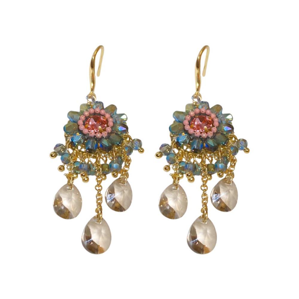 Flower Rhinestone Drop Earrings Pendant Vintage Long Earrings Trendy Crystal Stud Earrings  Party