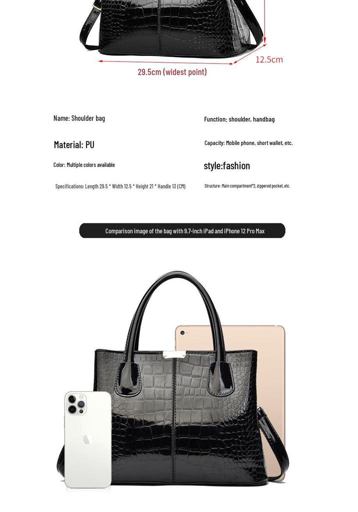 Patent Leather Stone Grain Handbag 2025: New Large Capacity Simple Women's Crossbody & Shoulder Bag