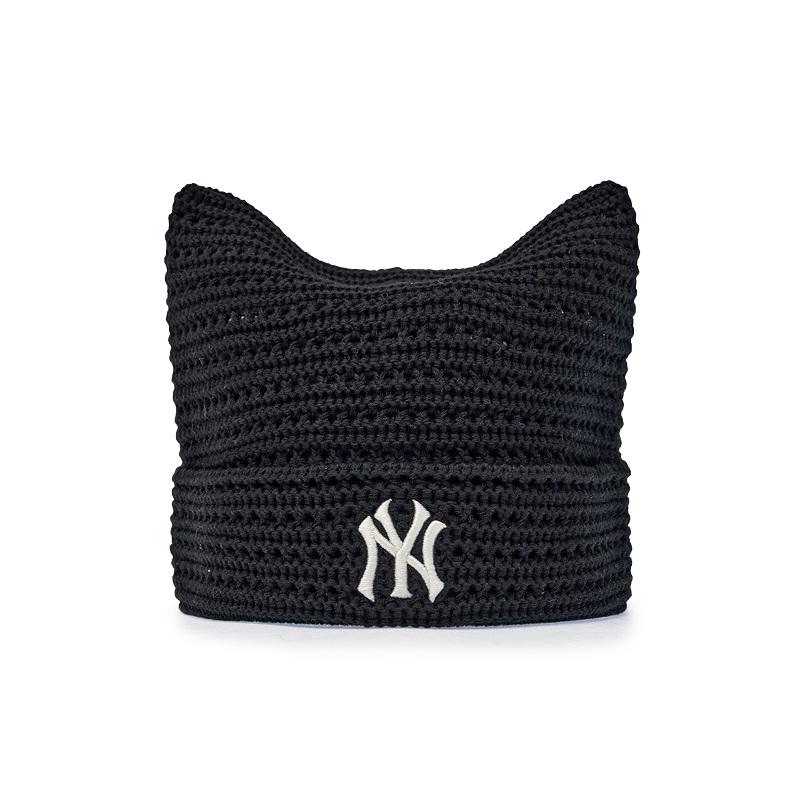 

[KARINA S PICK] MLB Summer Crochet Meow Beanie - 3 Trendy Colors Cat-Ear Design Black(NY)