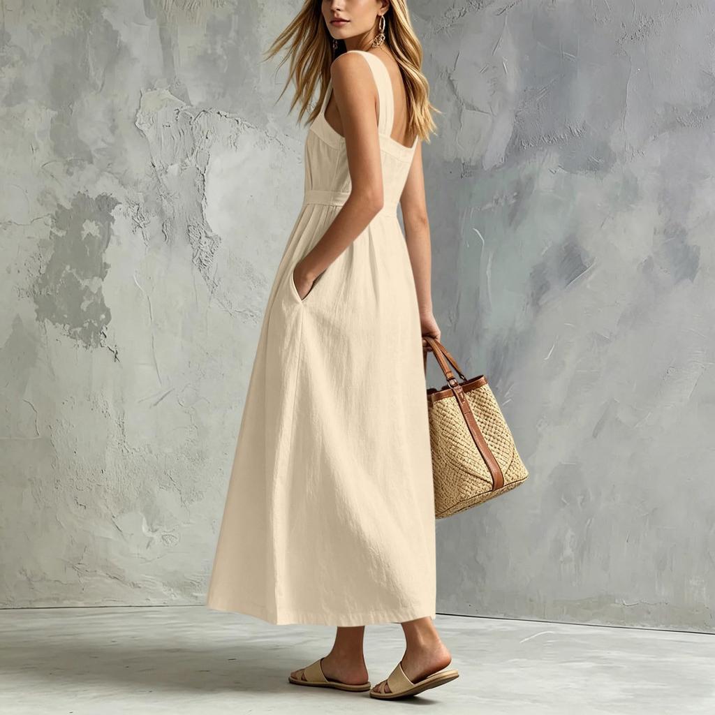 Women's Casual Sleeveless Dress with Thin Straps Button Front Long Dress with Pockets Lightweight Summer Maxi Dress