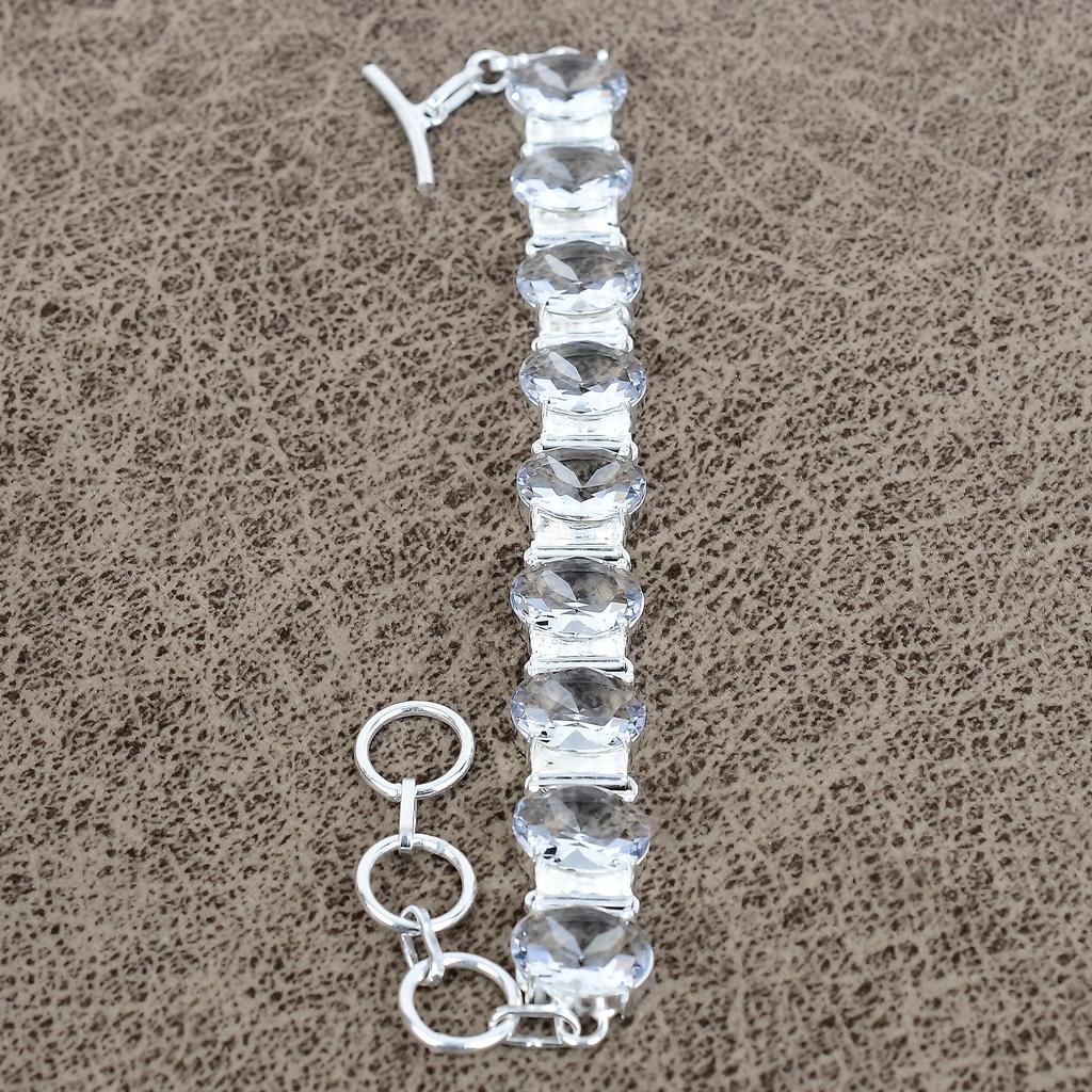 White Topaz Gemstone Handmade 925 Sterling Silver Bracelet 7-8" KKG-152