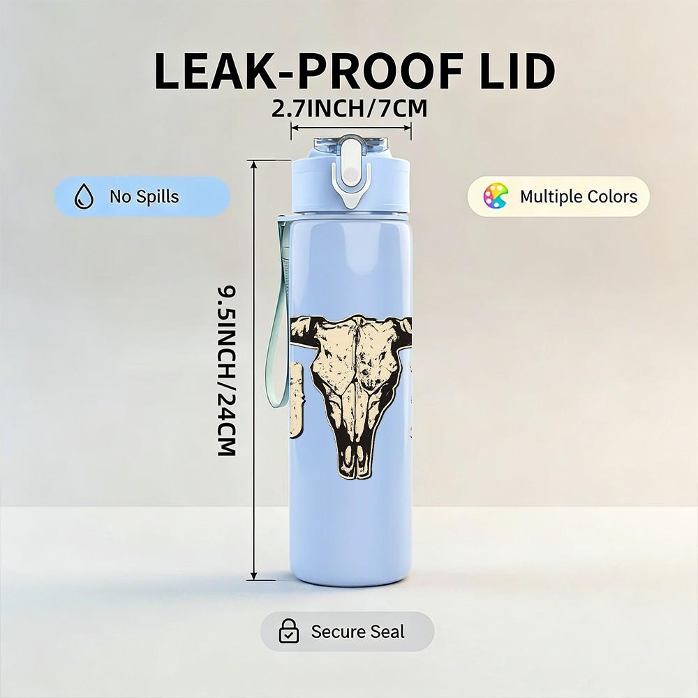 1PC Bull Cow Skull Western Style Print 750ml Color Plastic Sports Water Bottle Leakproof Flip Straw Lid Suitable for Sports Office Home Use