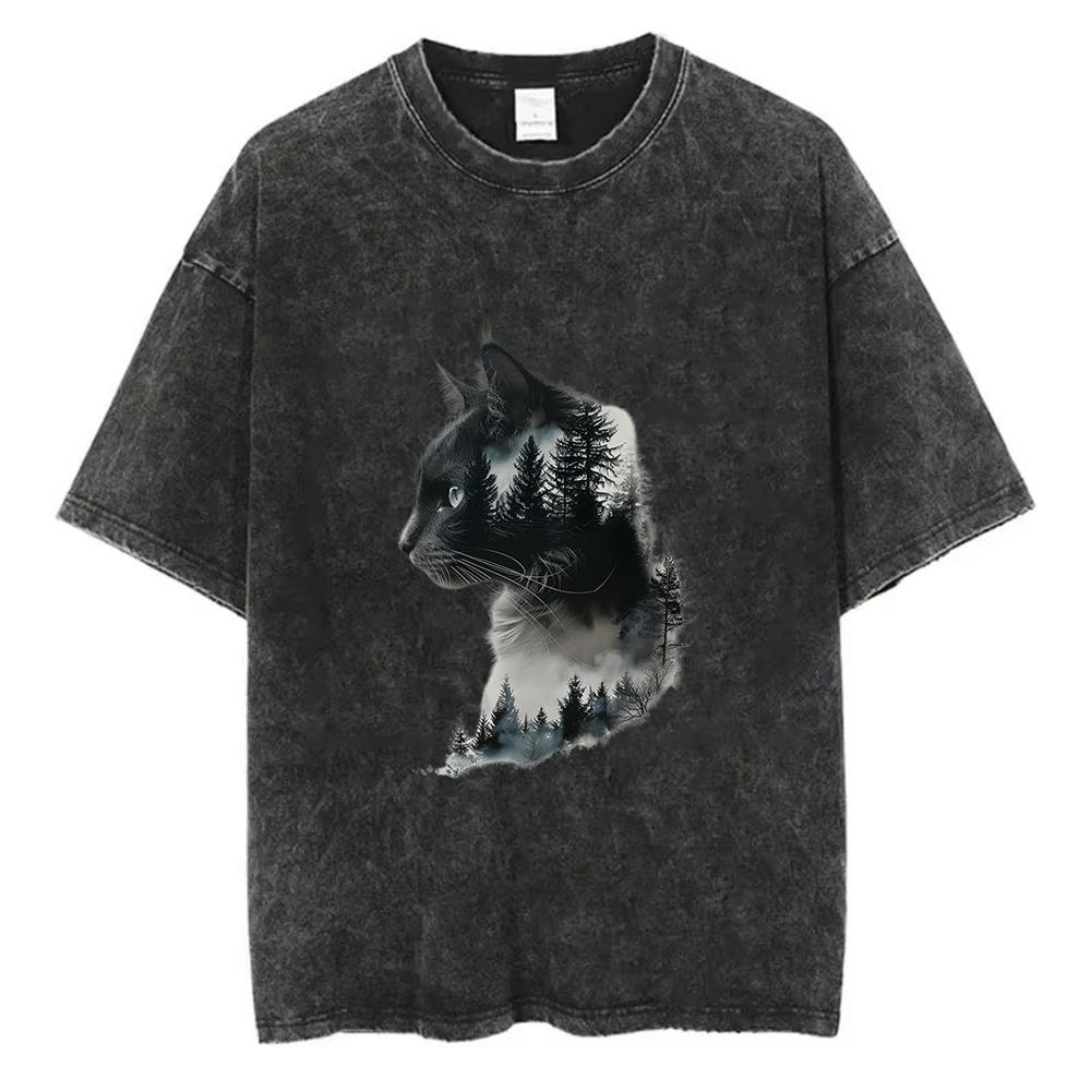 Vintage Gewaschenes Katze Wald Silhouette Grafikdruck Übergroßes T-Shirt Lockeres Kurzarm Rundhals T-Shirt für Katzenliebhaber