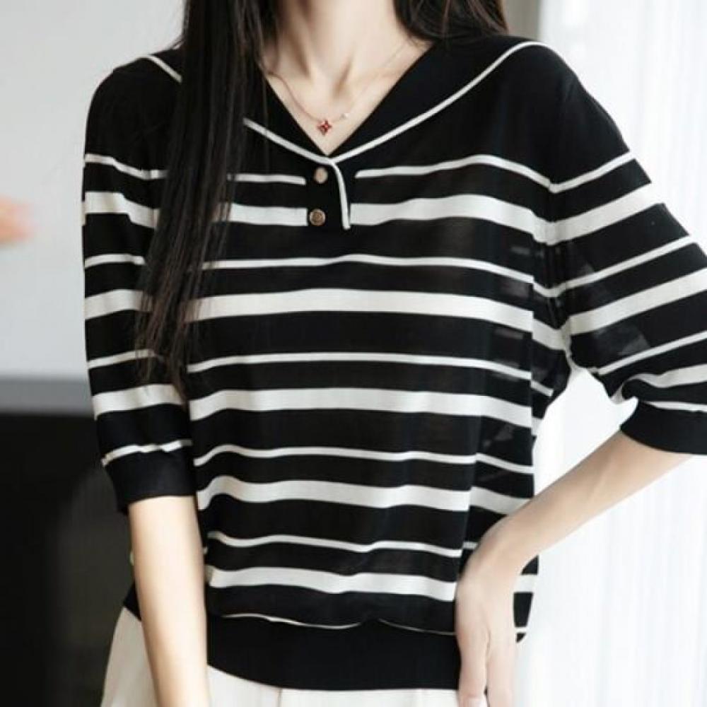 Navava Women Casual Stripe Collar 5 Sleeve Knit Nk2940