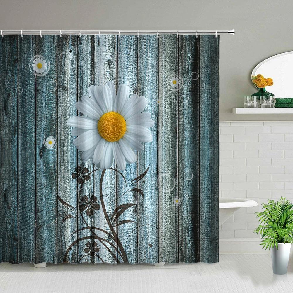 Creativity Wooden Background Flower Butterfly Shower Curtain Floral Plant Scenery Bathroom Screens Bathtub Decor Cloth Curtains