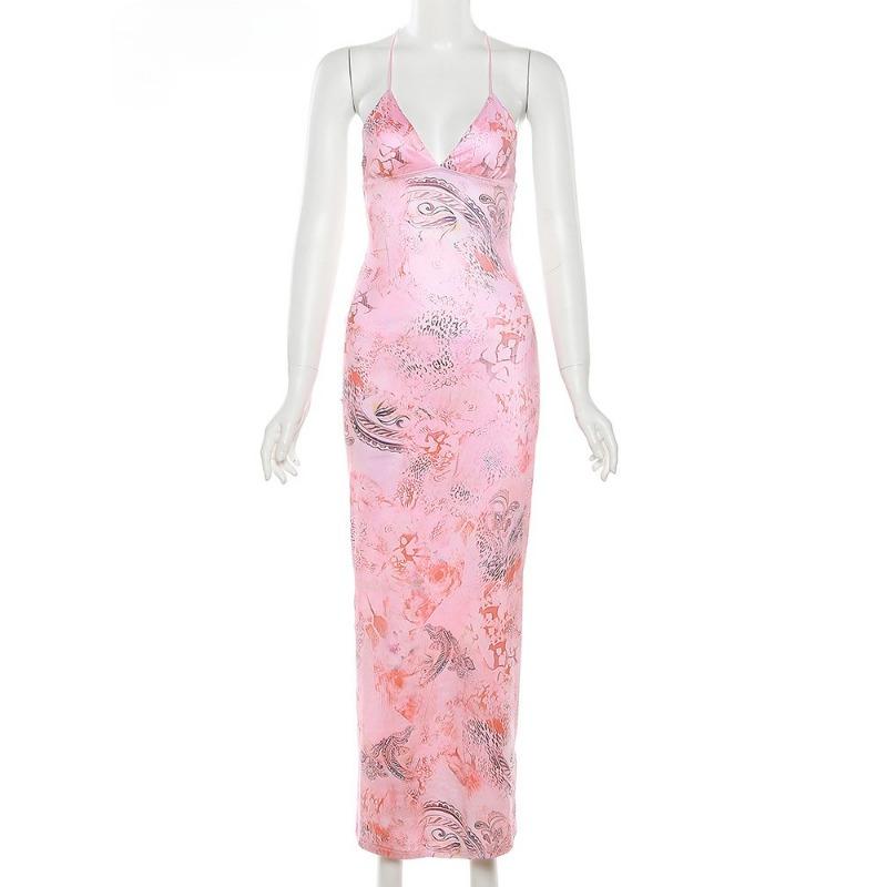 Elegantné Butterfly Women Maxi Šaty Úzke šaty s potlačou Šaty na chrbte Popruhy V Neck Ohlávka Bodycon Hot Girls Club Párty Vestidos Párty šaty Y2k Šaty Župan
