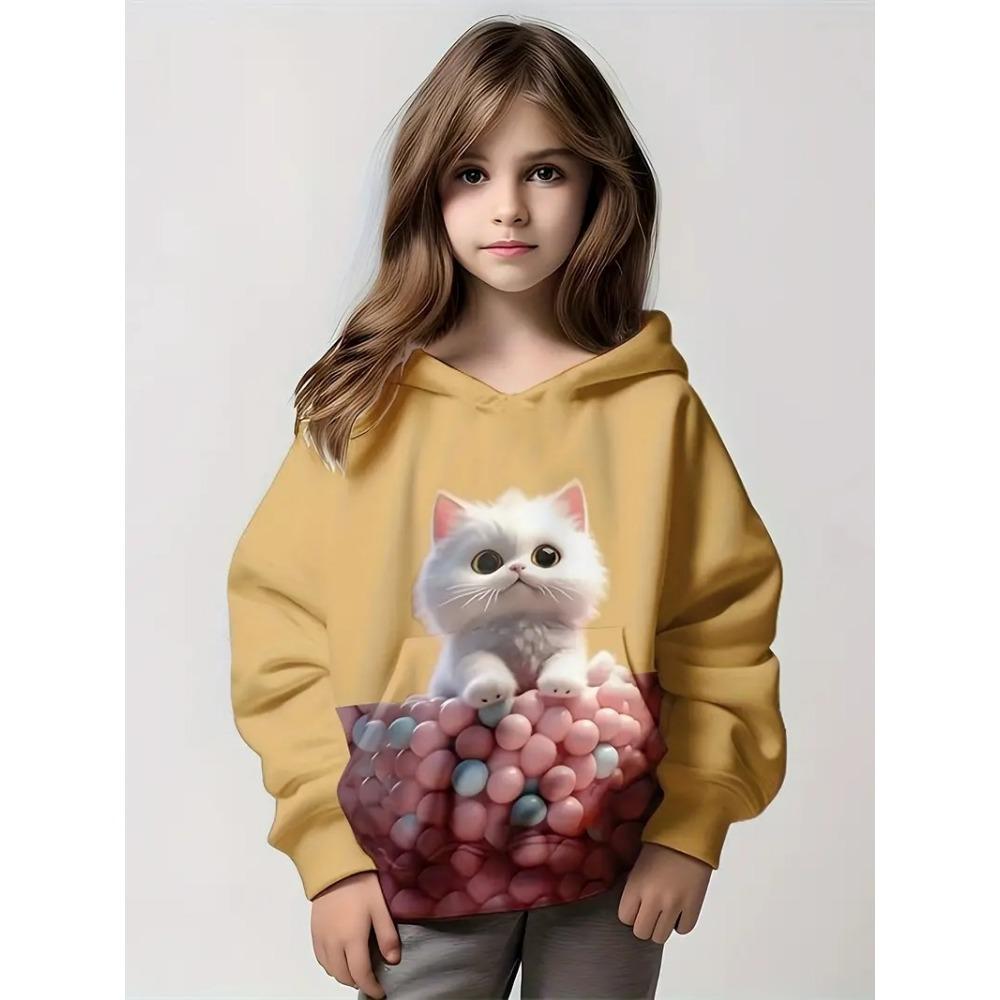 

Милые толстовки с принтом котенка для девочек, милый пуловер с котом, модная толстовка на весну и осень, повседневный детский свитер с капюшоном 160CM