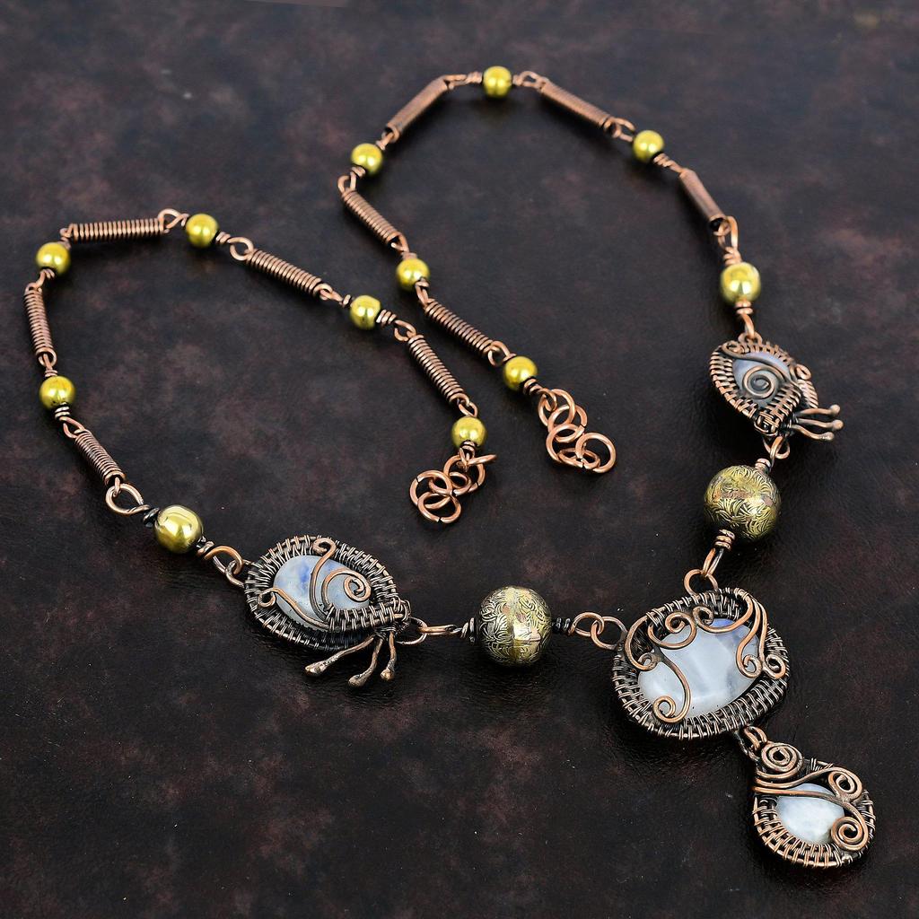 Regenbogenmondstein Halskette Kupferdraht umwickelte Halskette Verstellbare Halskette Edelsteinschmuck Handgefertigte Halskette Kupferschmuck Geschenke für Ehefrau