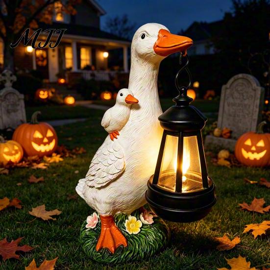 Outdoor Lighting for Garden Duck Statue with Solar Lantern, Cute Mom And Baby Sculpture Decorative Yard Art Lights Lamp, Waterproof Resin Light