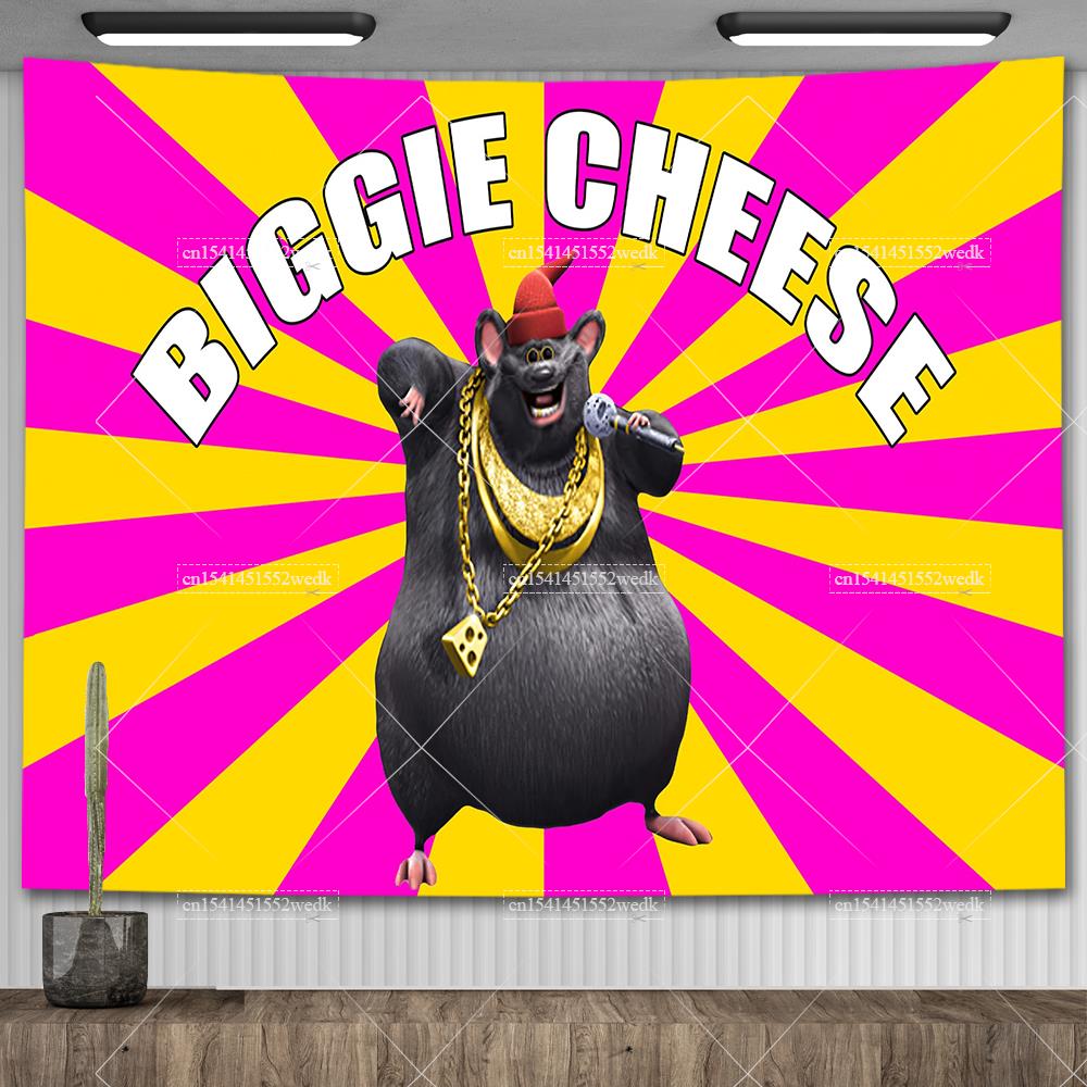 Biggie Cheese Meme Tapestry Kawaii Anime Rat Tapestry Wall Hanging Aesthetic Room Decor Banner Home Decoration Macrame Natal