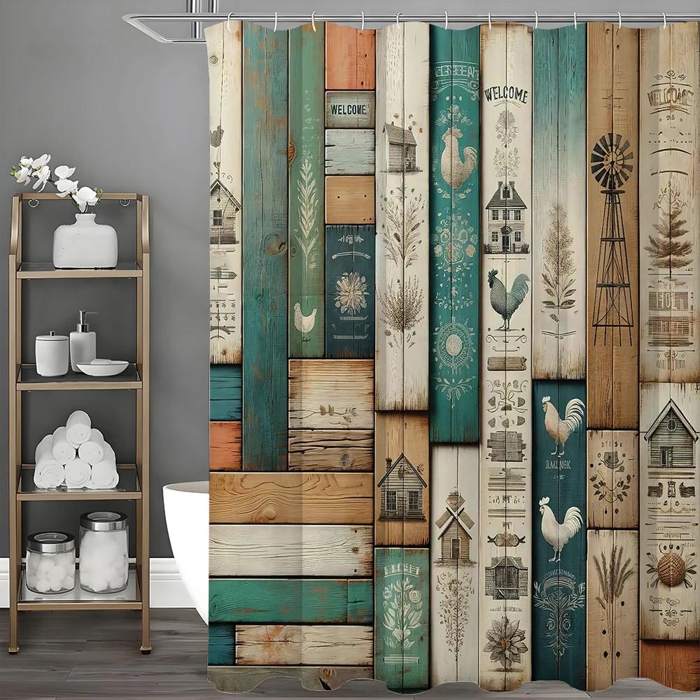 Rustic Theme Faux Wooden Paneled Chicken House Tree Shower Curtain, Bathroom Decorative Shower Curtain, Waterproof Shower Curtai